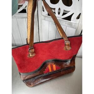 Vintage Red Suede and Brown Leather Trim Tote Bag Southwest Western